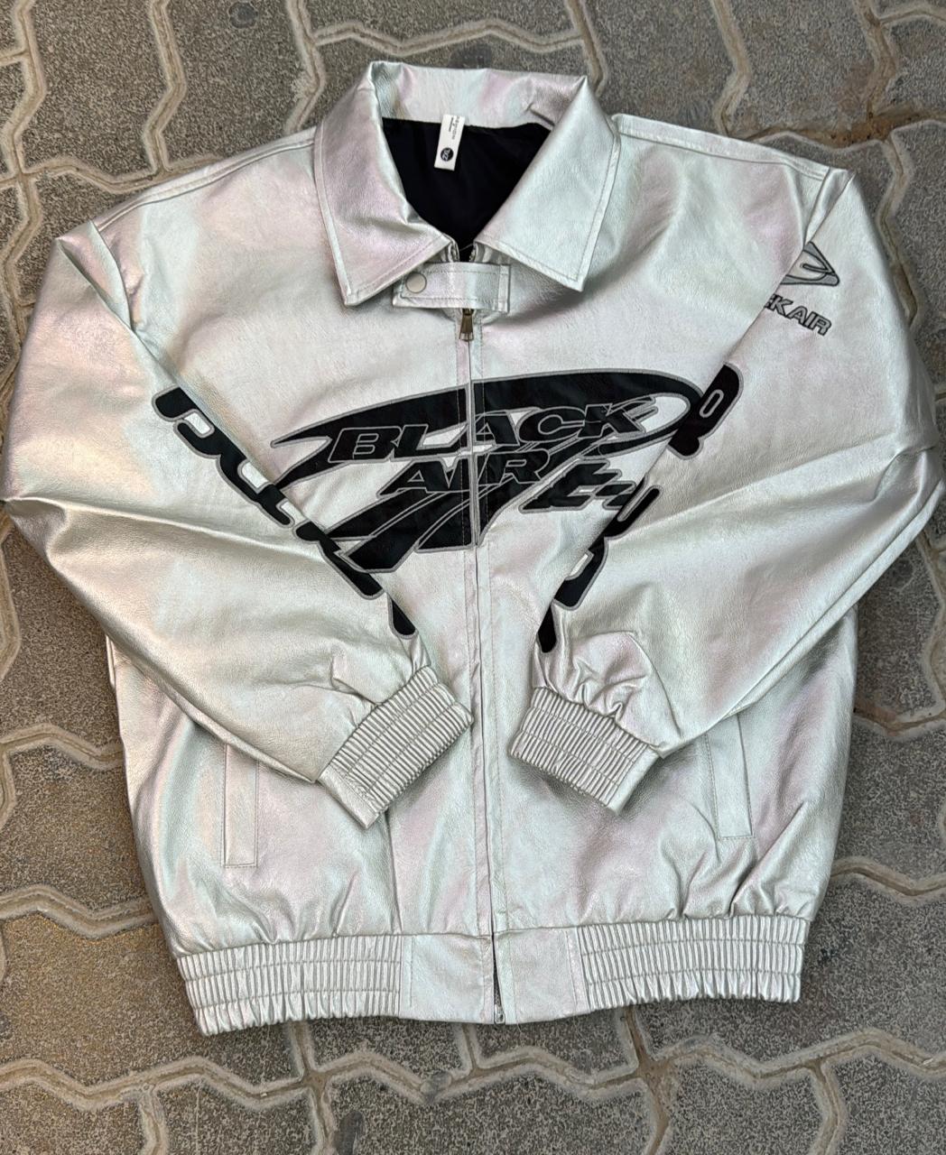 Iridescent Silver Faux Leather Racing Jacket | Black "BLACK AIR" Graphic Print | Metallic Streetwear Bomber