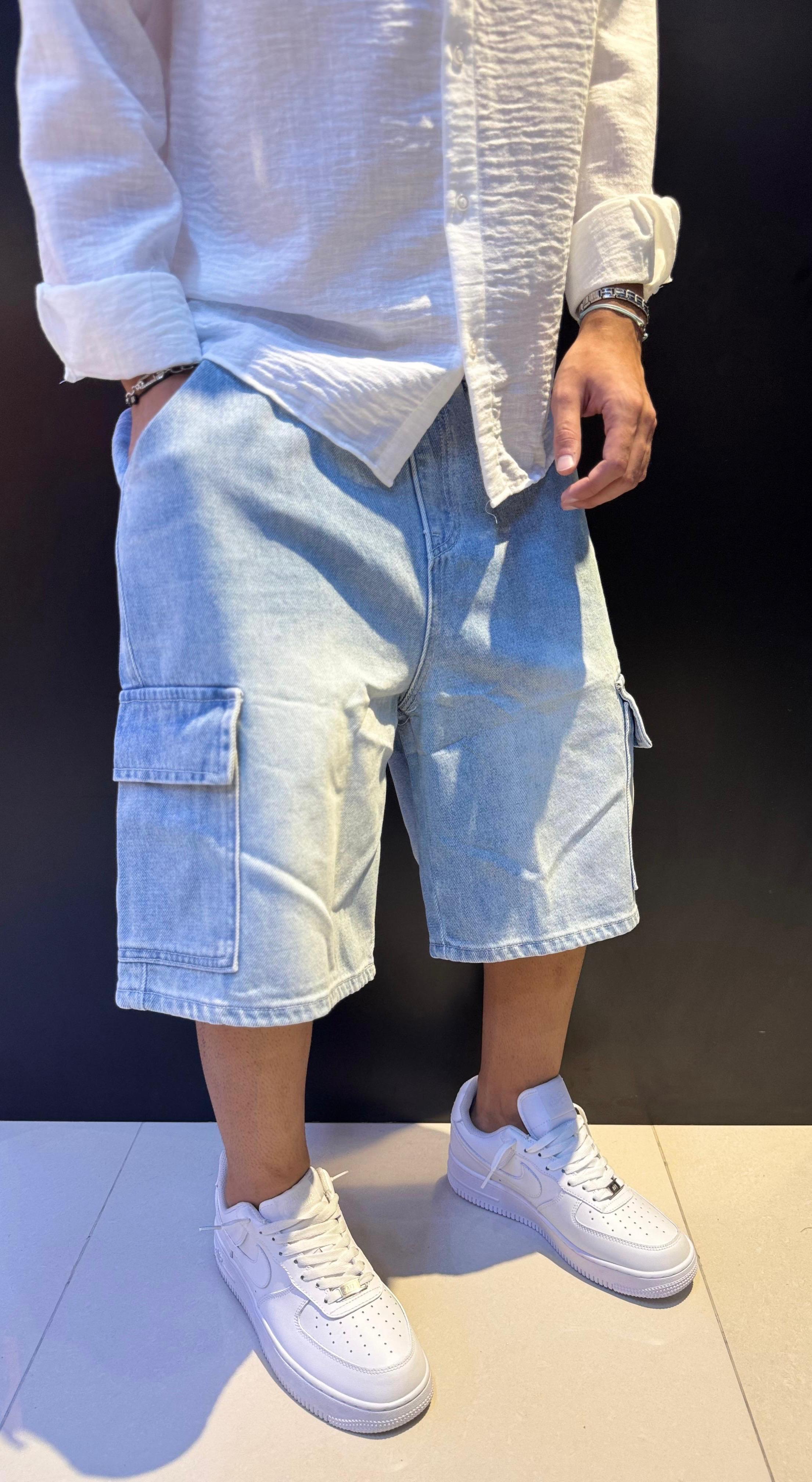 Men's Light Wash Denim Cargo Shorts