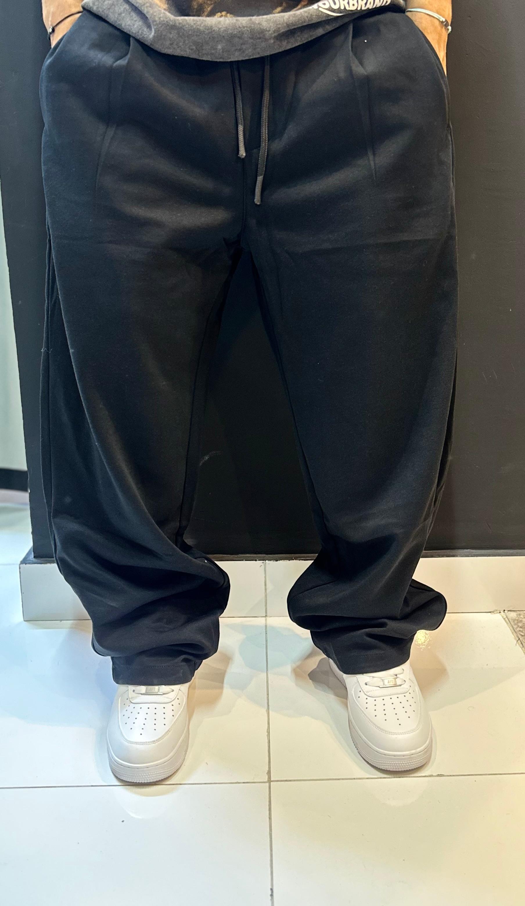 Minimal Black Baggy Fleece Drawstring Pants