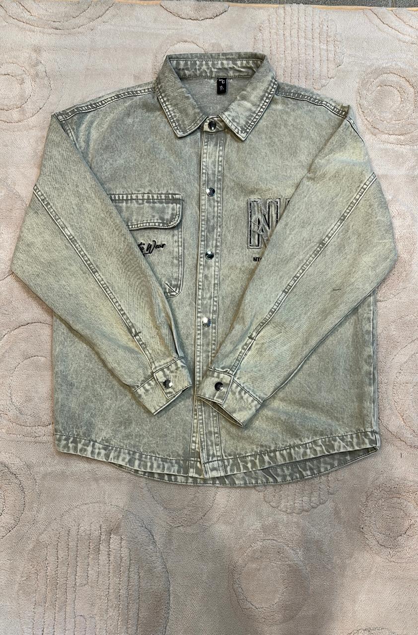 NJ Faded Sage Denim Embroidered Overshirt