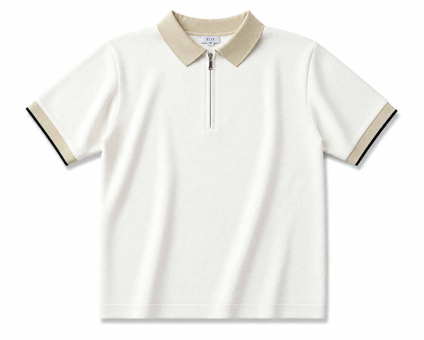 Elite Off-White Textured Zip Polo Shirt – Premium Smart Casual Knit Polo
