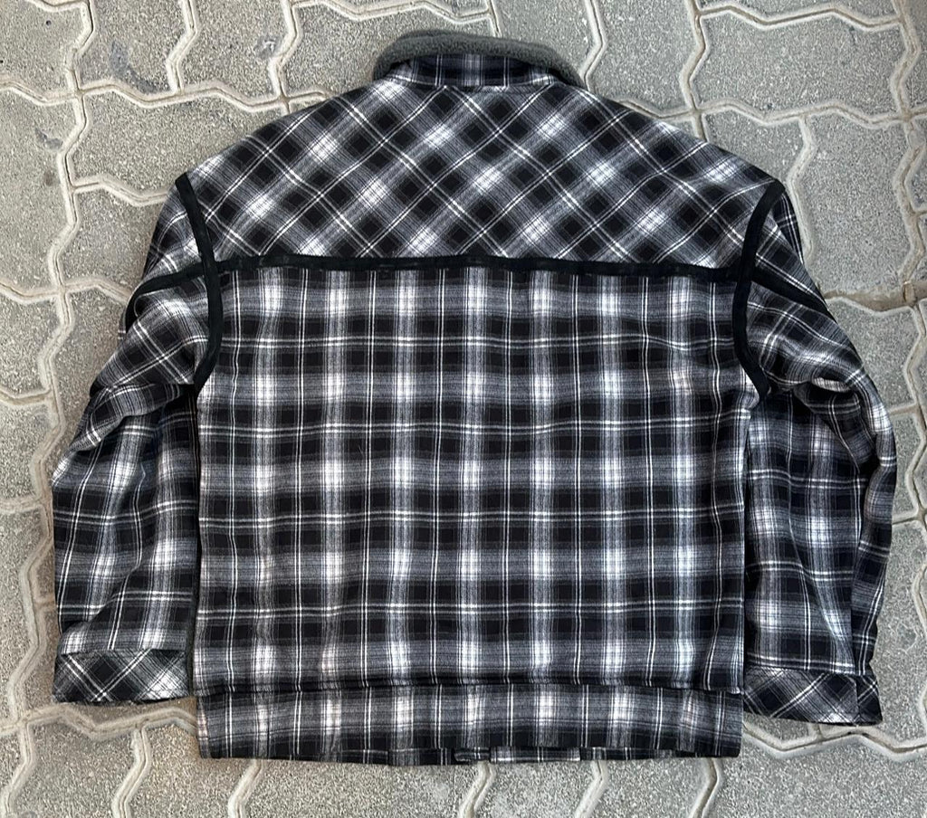 Black & White Plaid Flannel Jacket with Sherpa Collar & Stripe Detail | Streetwear Zip-Up