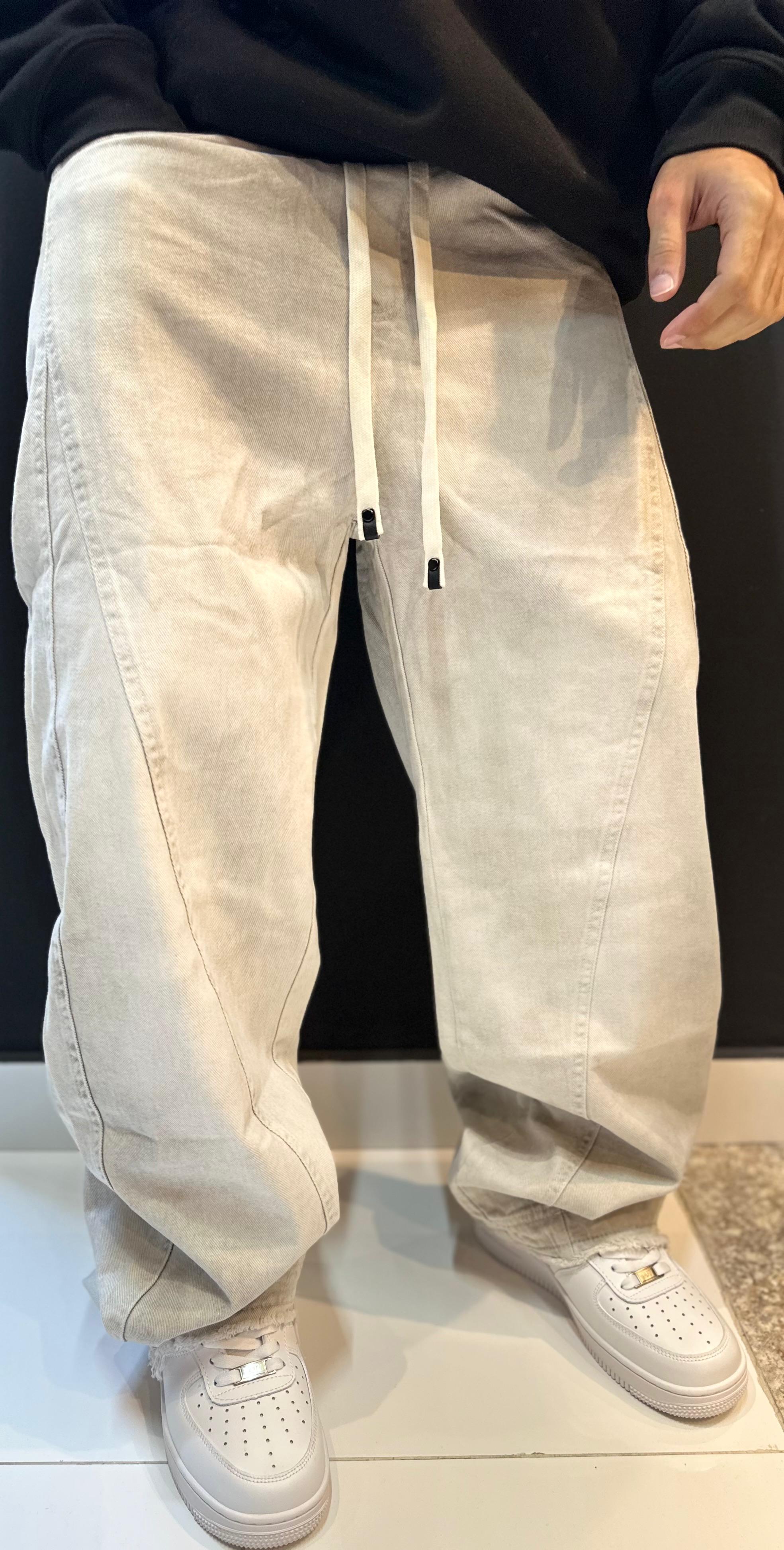 Light Wash Drawstring Baggy Jeans with Seam Detail
