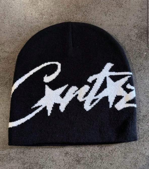 Black Knit Beanie with Bold White Script Logo