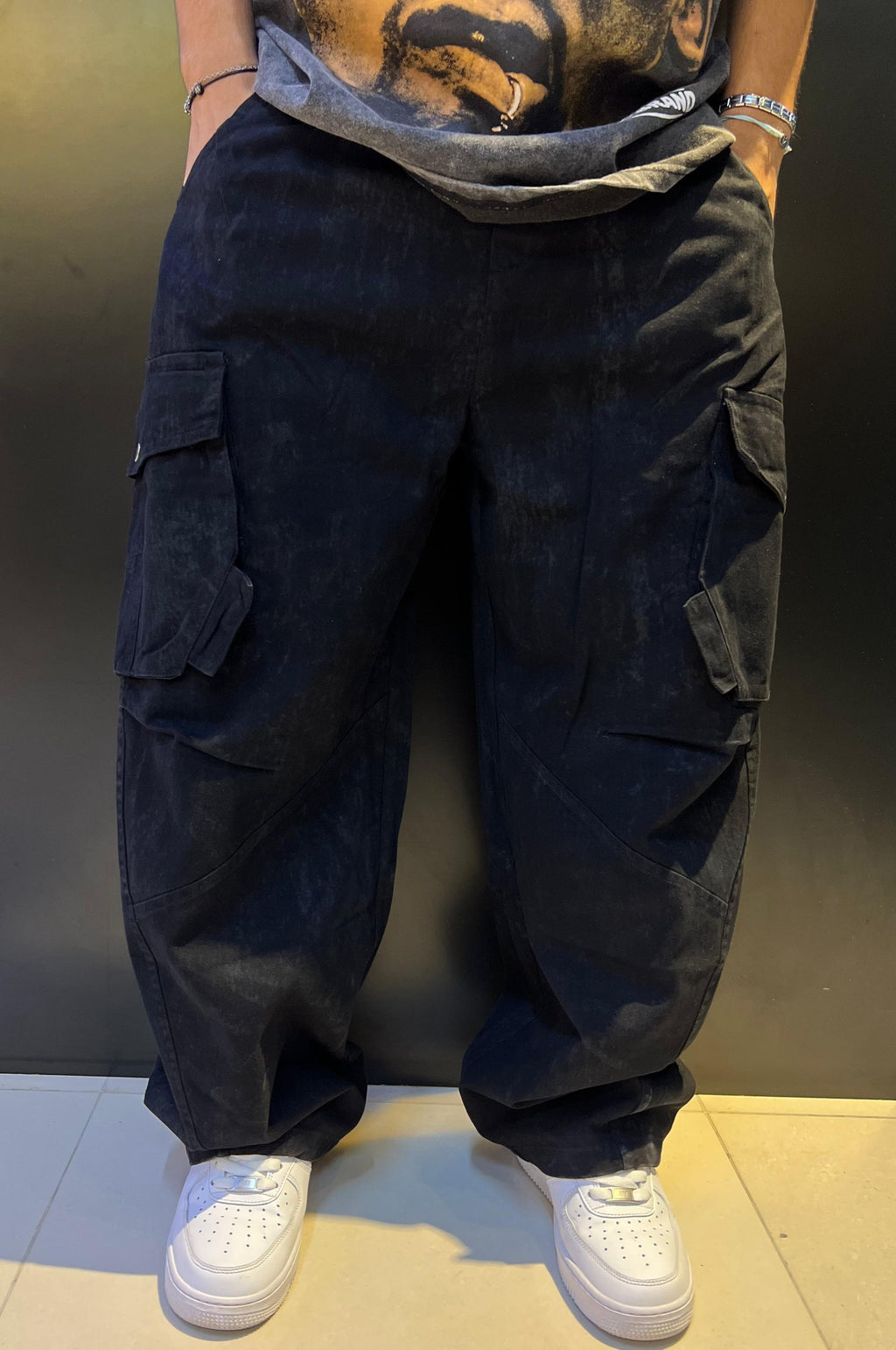 Washed Black Oversized Baggy Cargo Pants | Distressed Finish