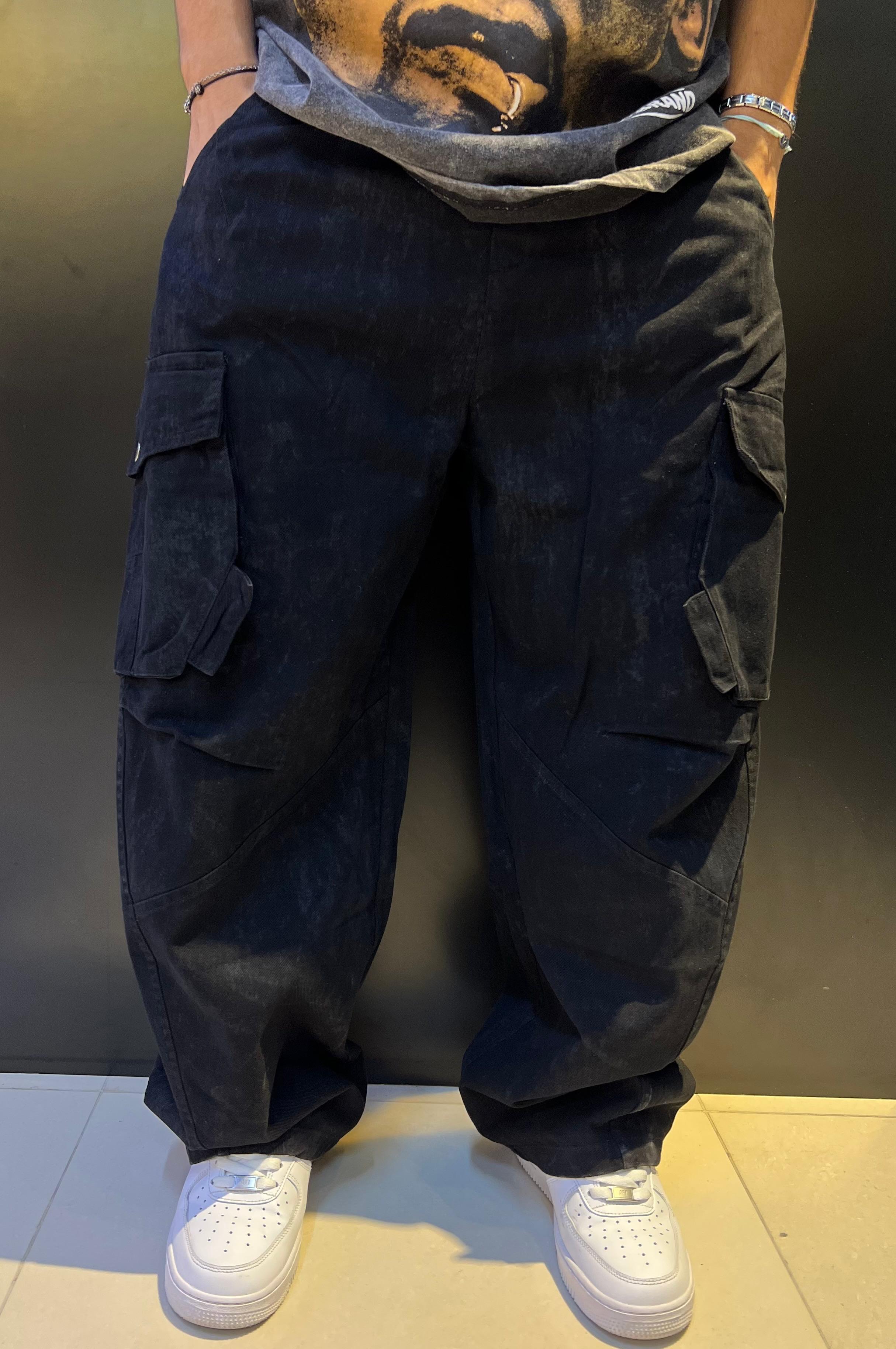 Washed Black Oversized Baggy Cargo Pants | Distressed Finish