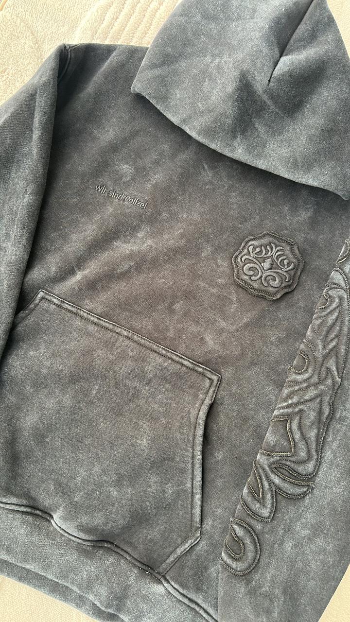 Black Washed Pullover Hoodie with Embossed Design