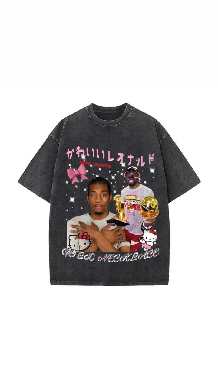 Washed Black Oversized T-Shirt with Kawhi Leonard "Hello Kitty" Graphic