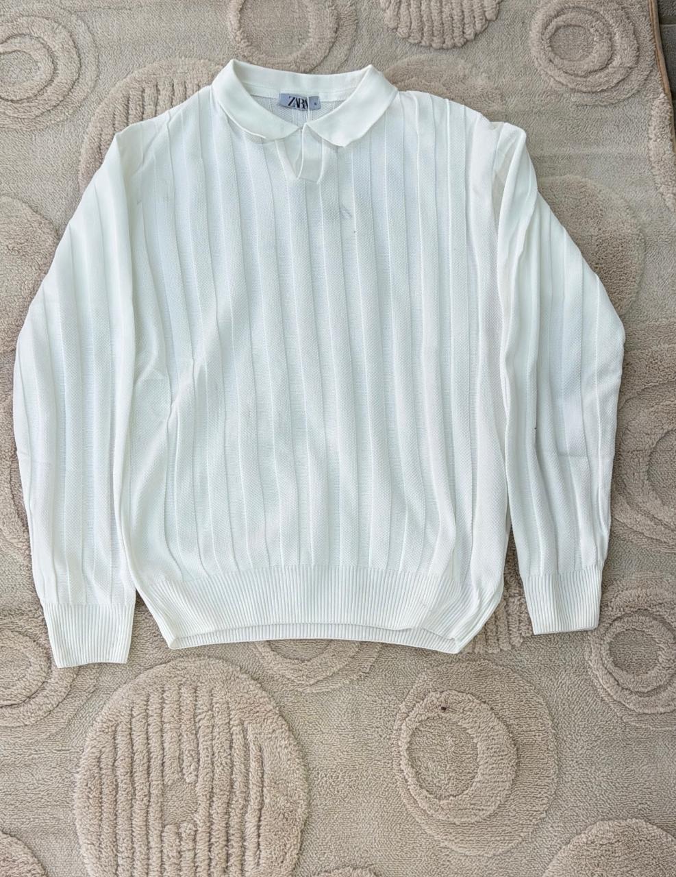 Zara White Ribbed Knit Popover Polo Sweater | Cream/Ecru Jumper