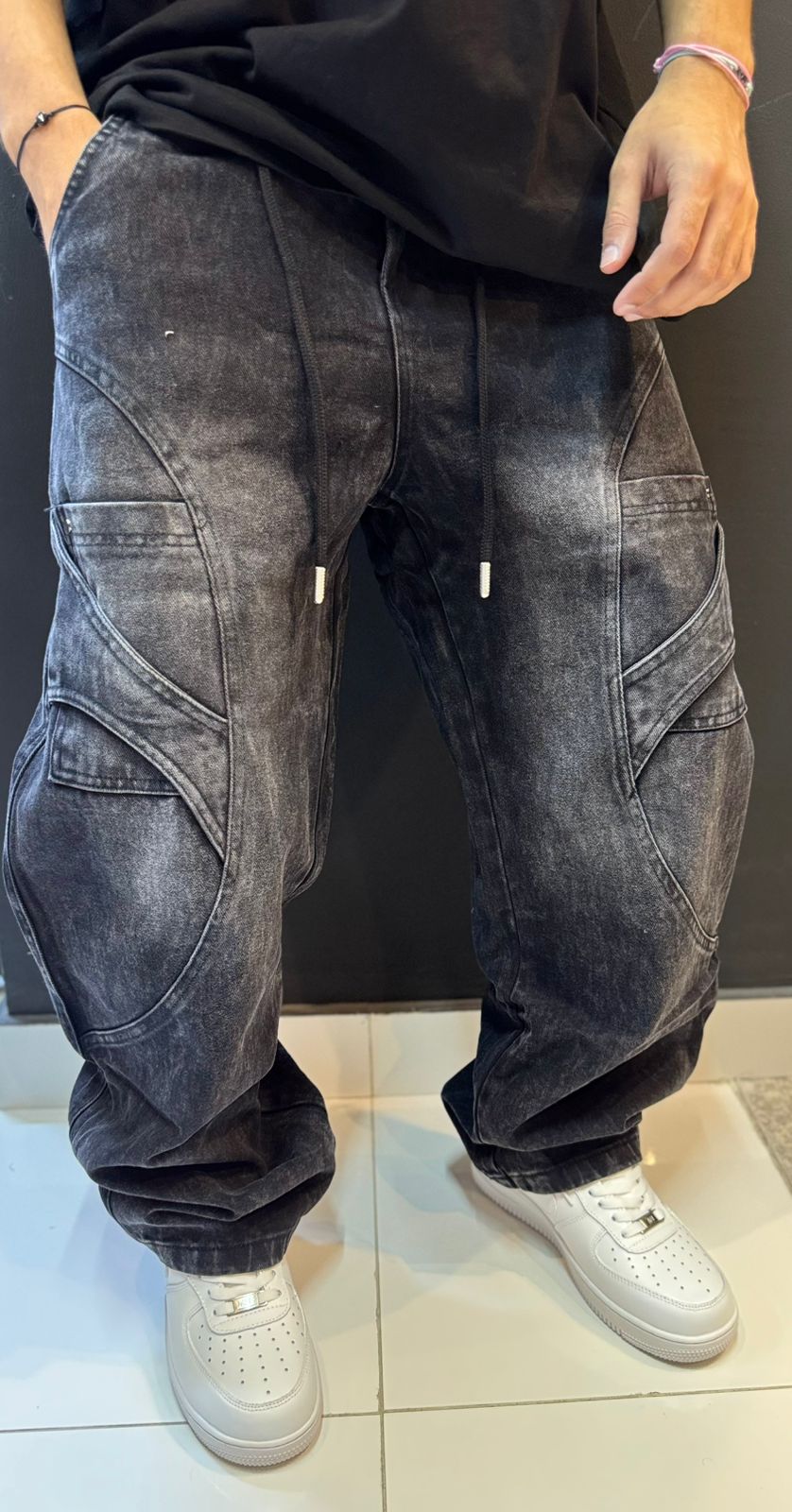 Streetwear Black Washed Denim Cargo Joggers - Baggy Fit