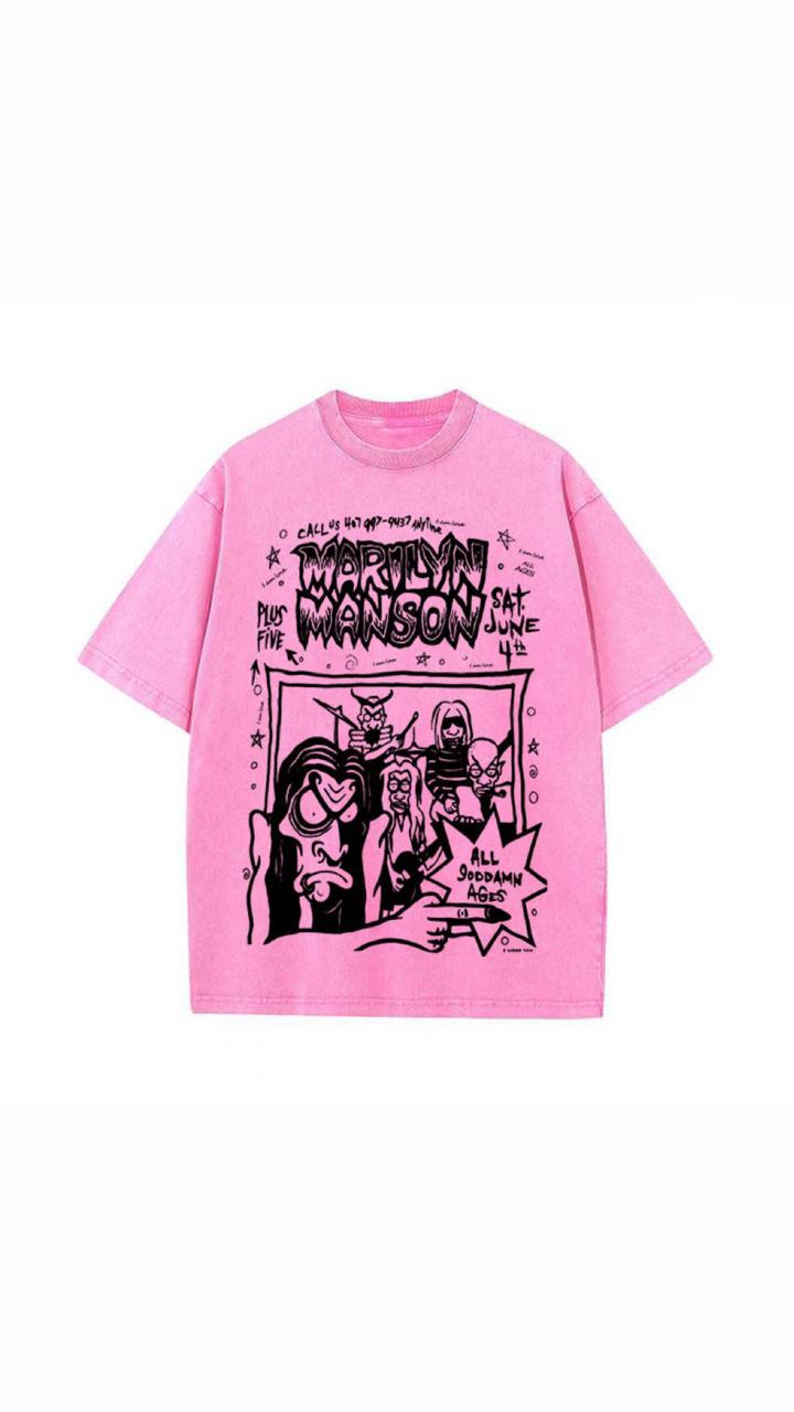 Pink Oversized T-Shirt with Black Marilyn Manson Graphic