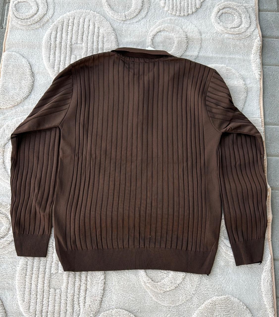 Zara Brown Ribbed Knit Quarter-Zip Polo Sweater