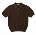 Premium Brown Knit Zip Polo Shirt – Textured Short Sleeve Casual Sweater