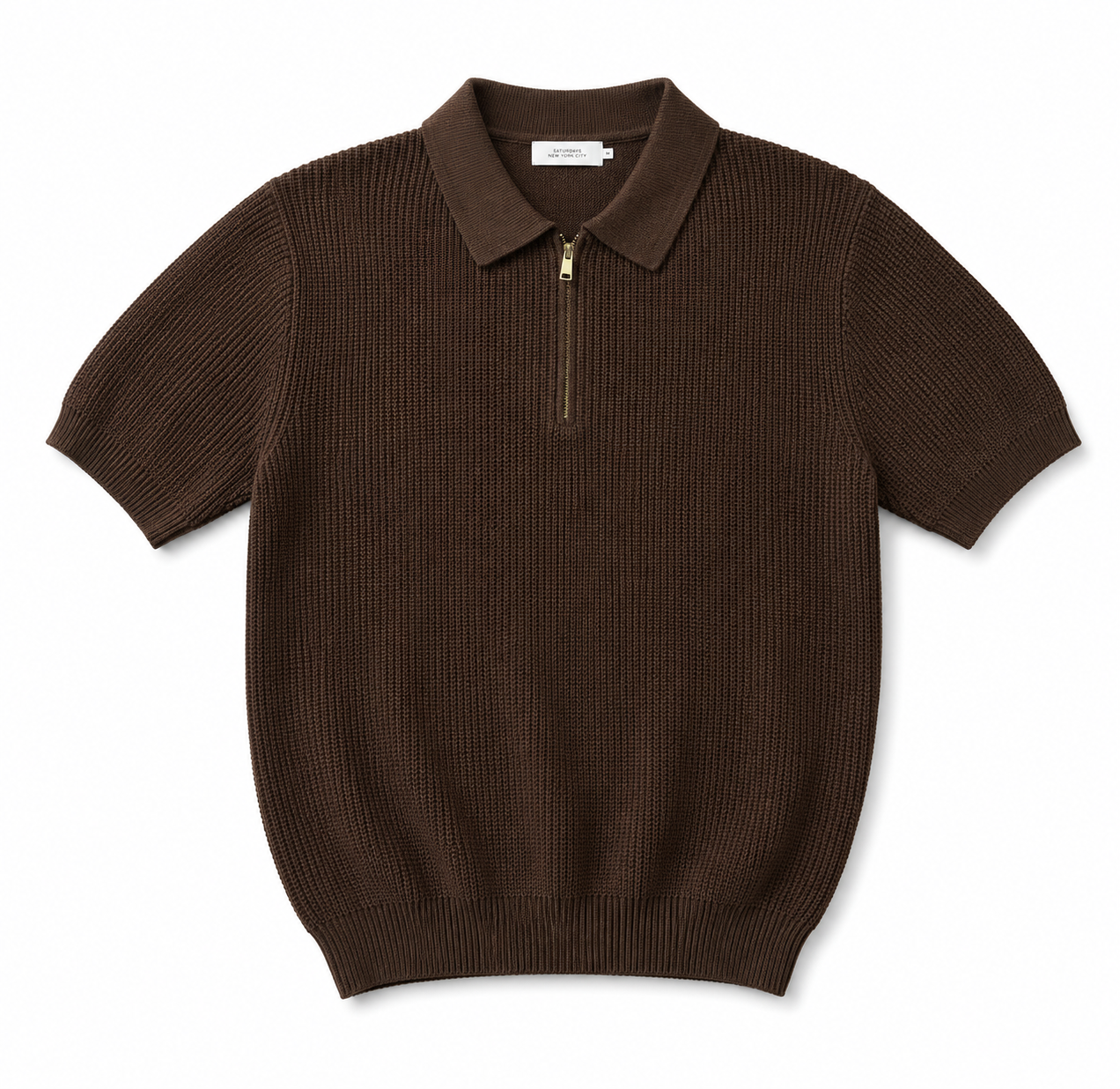 Premium Brown Knit Zip Polo Shirt – Textured Short Sleeve Casual Sweater