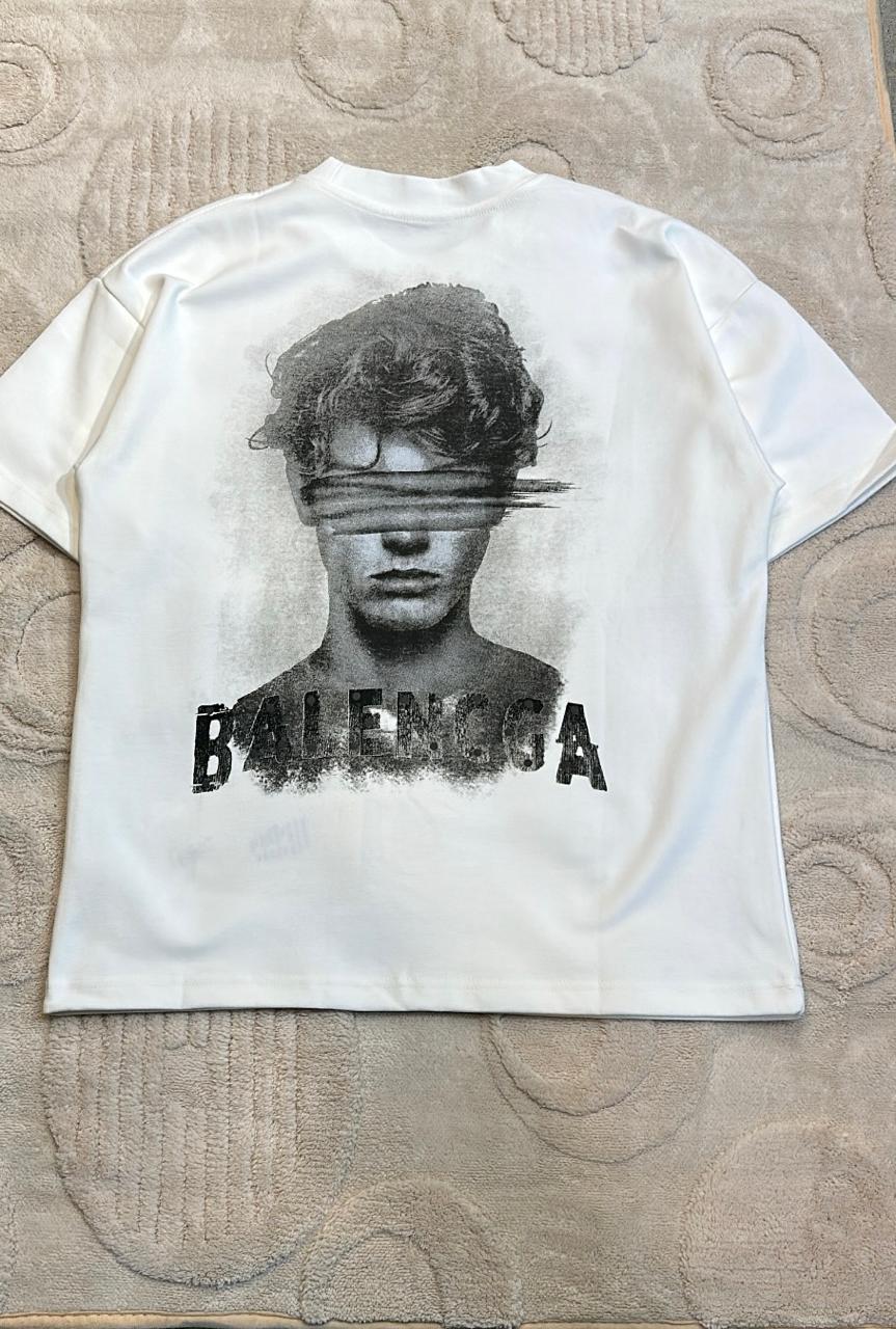 White Oversized T-Shirt with Distressed "BALENCGA" Logo Graphic