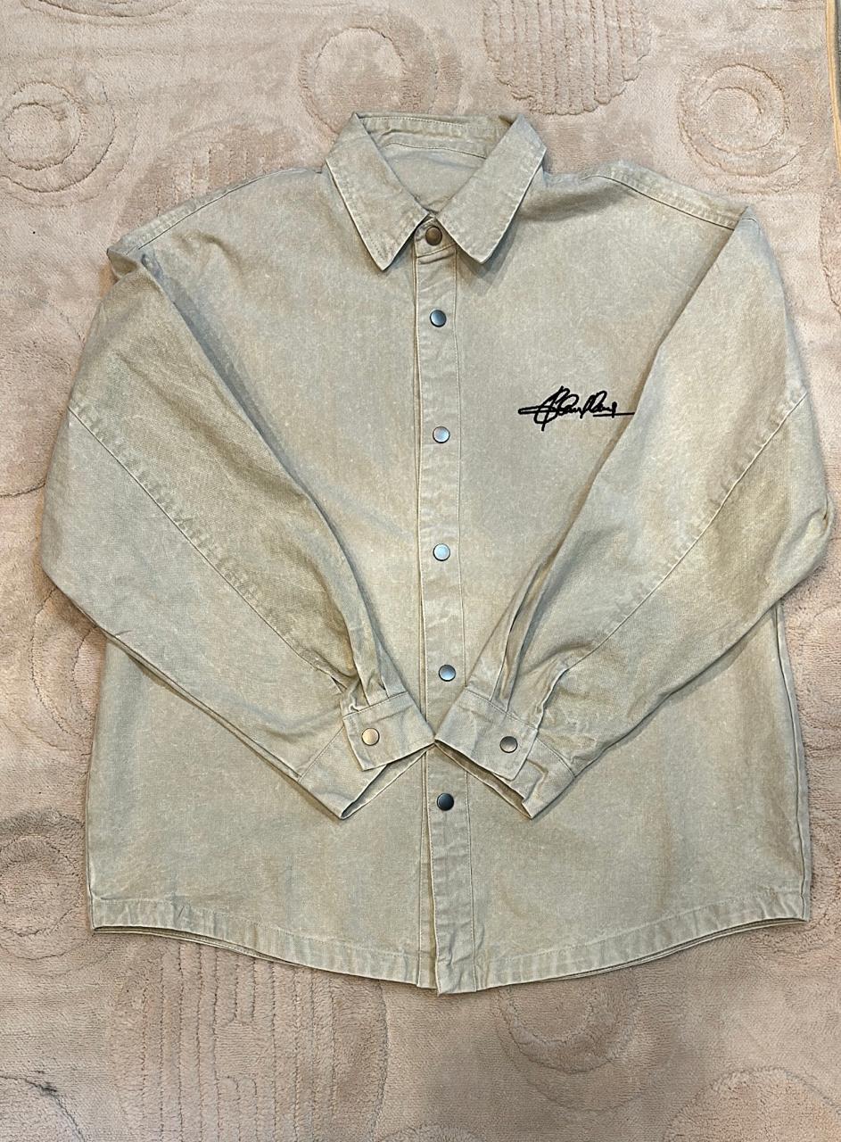 Khaki Washed Canvas Script Embroidered Shacket