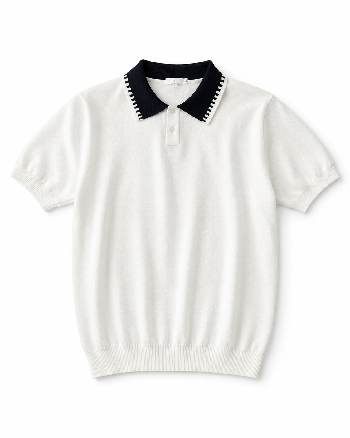 White Knit Polo Shirt with Black Collar