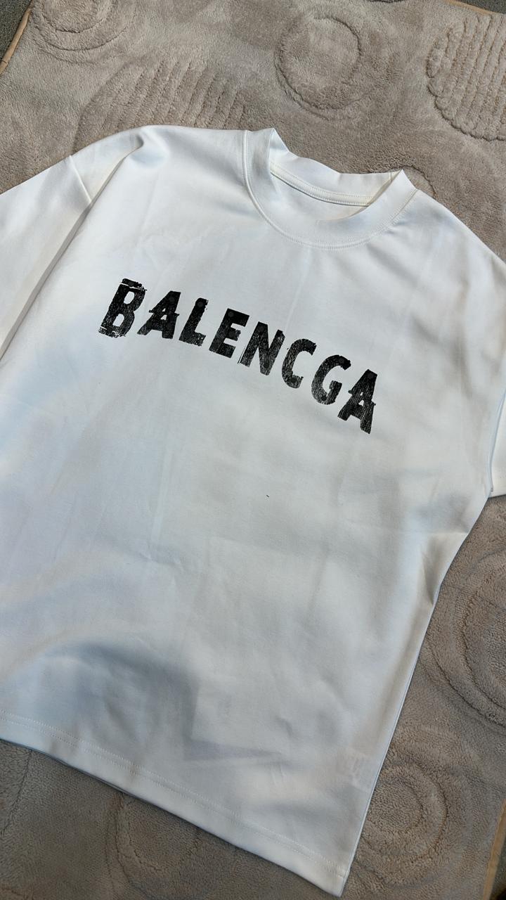 White Oversized T-Shirt with Distressed "BALENCGA" Logo Graphic