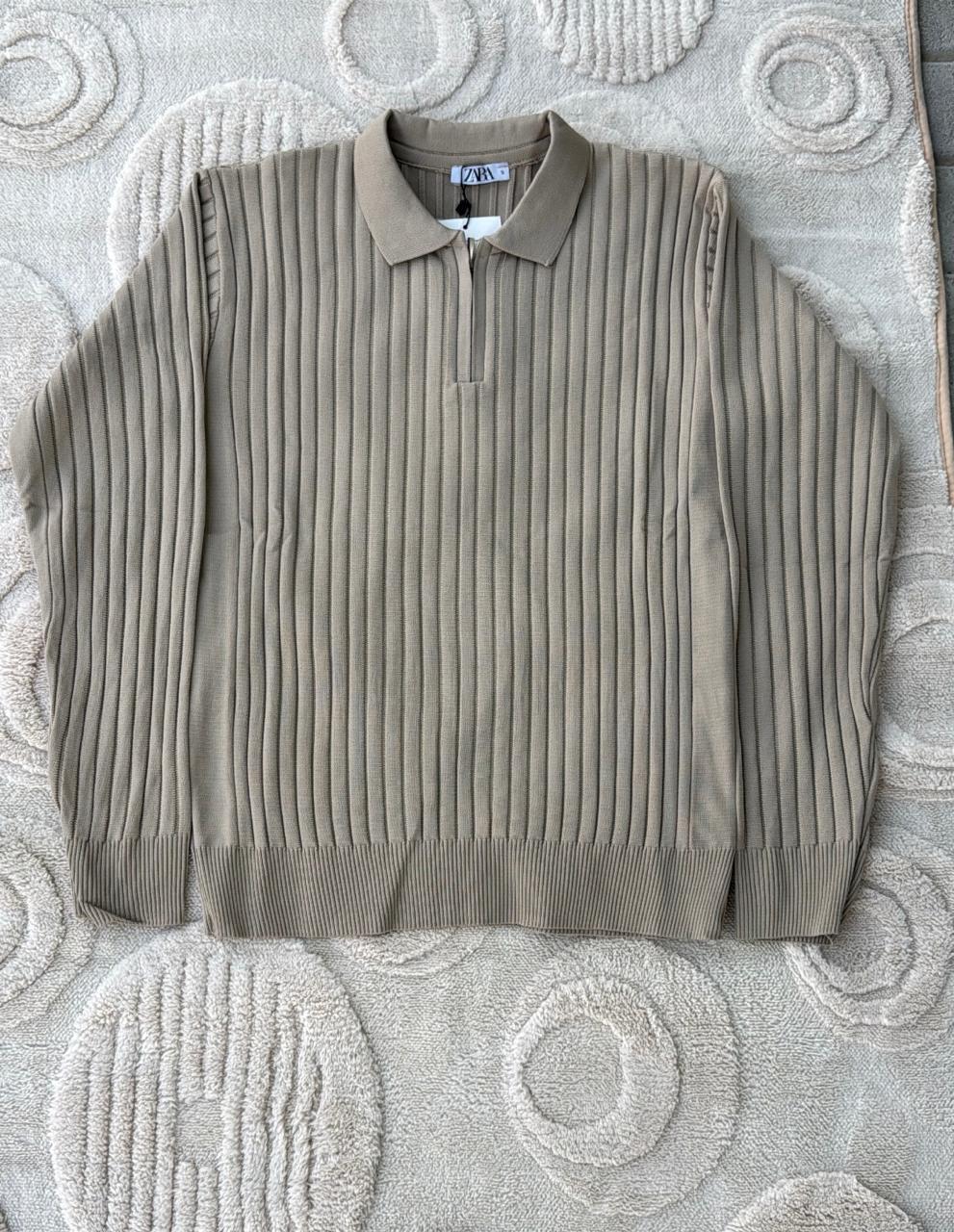 Zara Taupe Ribbed Knit Quarter-Zip Polo Sweater | Beige Jumper