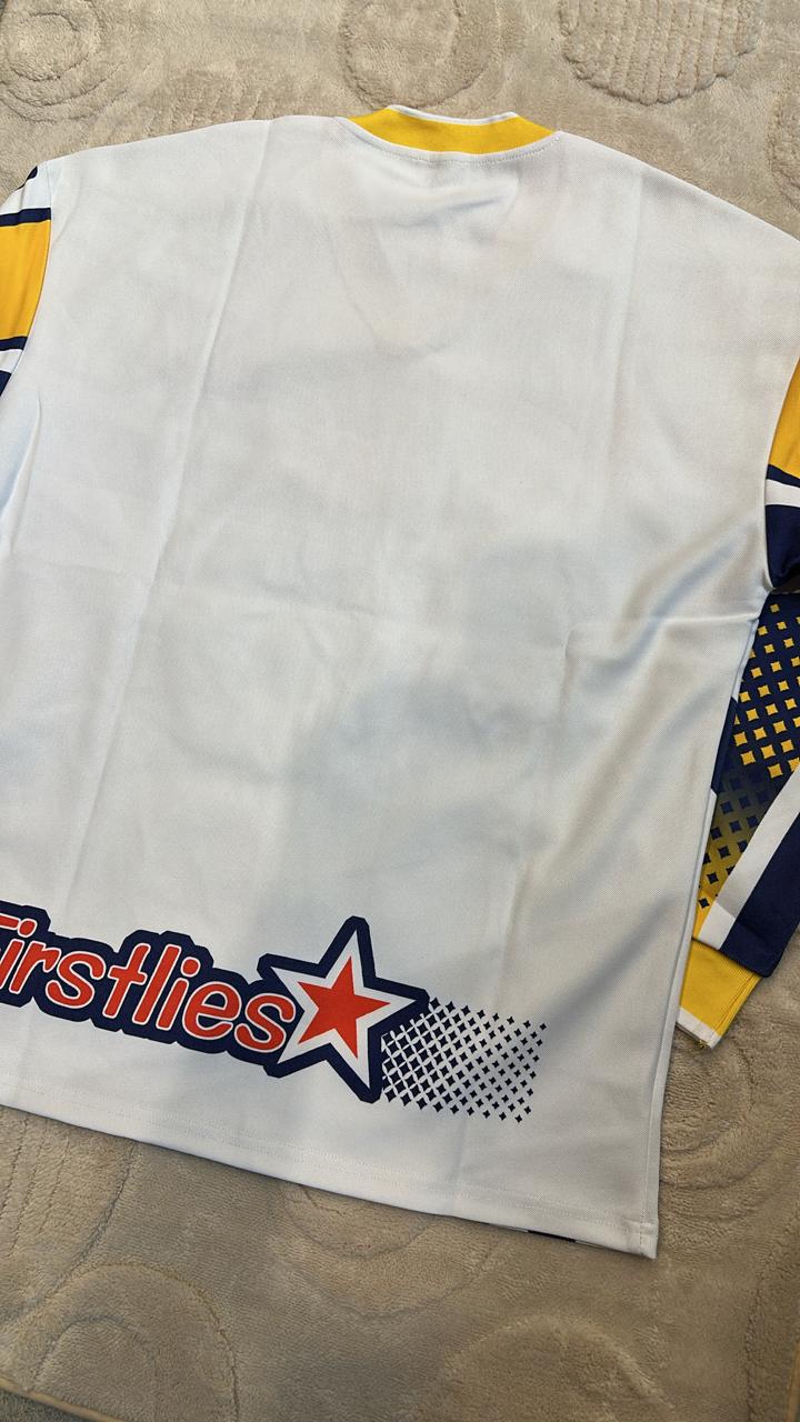 Free size Yellow & Navy Star Racing Jersey | Oversized "Firstlies" Graphic Top