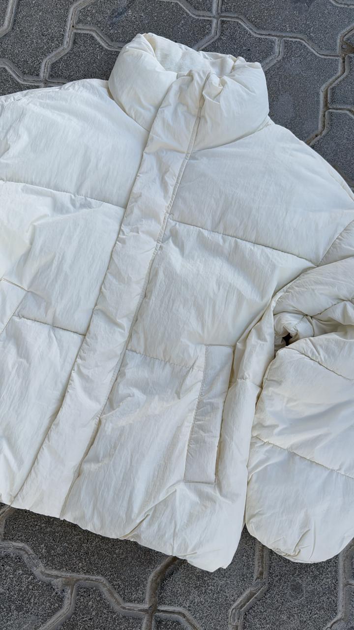 Clean White Puffer Jacket | High Neck Cropped Puffy Coat | Minimalist Streetwear Outerwear
