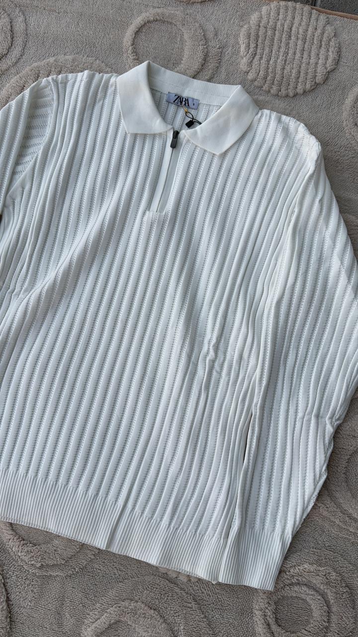 Zara White Ribbed Knit Quarter-Zip Polo Sweater | Cream/Ecru Jumper