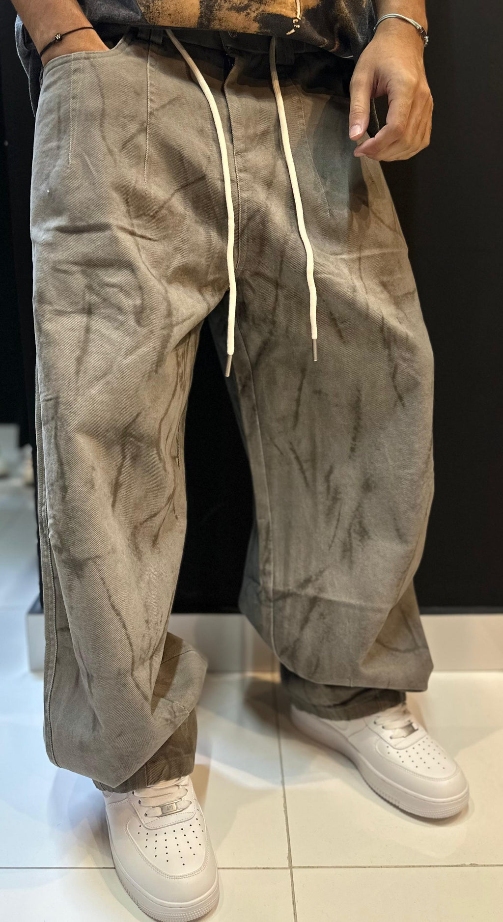 Washed Olive/Grey Baggy Trousers with Contrasting Drawstrings