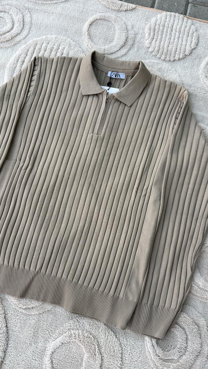 Zara Taupe Ribbed Knit Quarter-Zip Polo Sweater | Beige Jumper