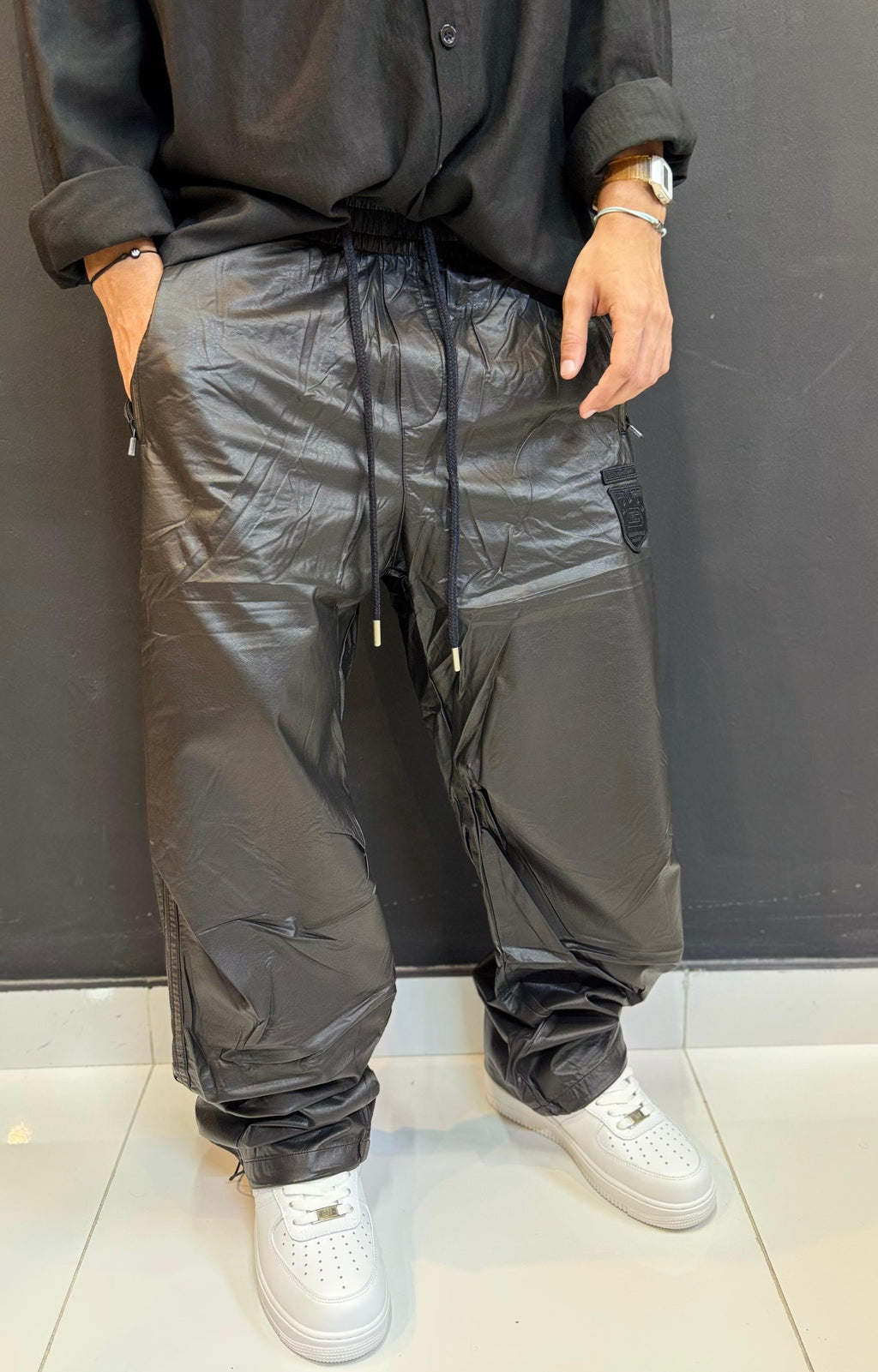 Black Glossy Nylon Track Pants