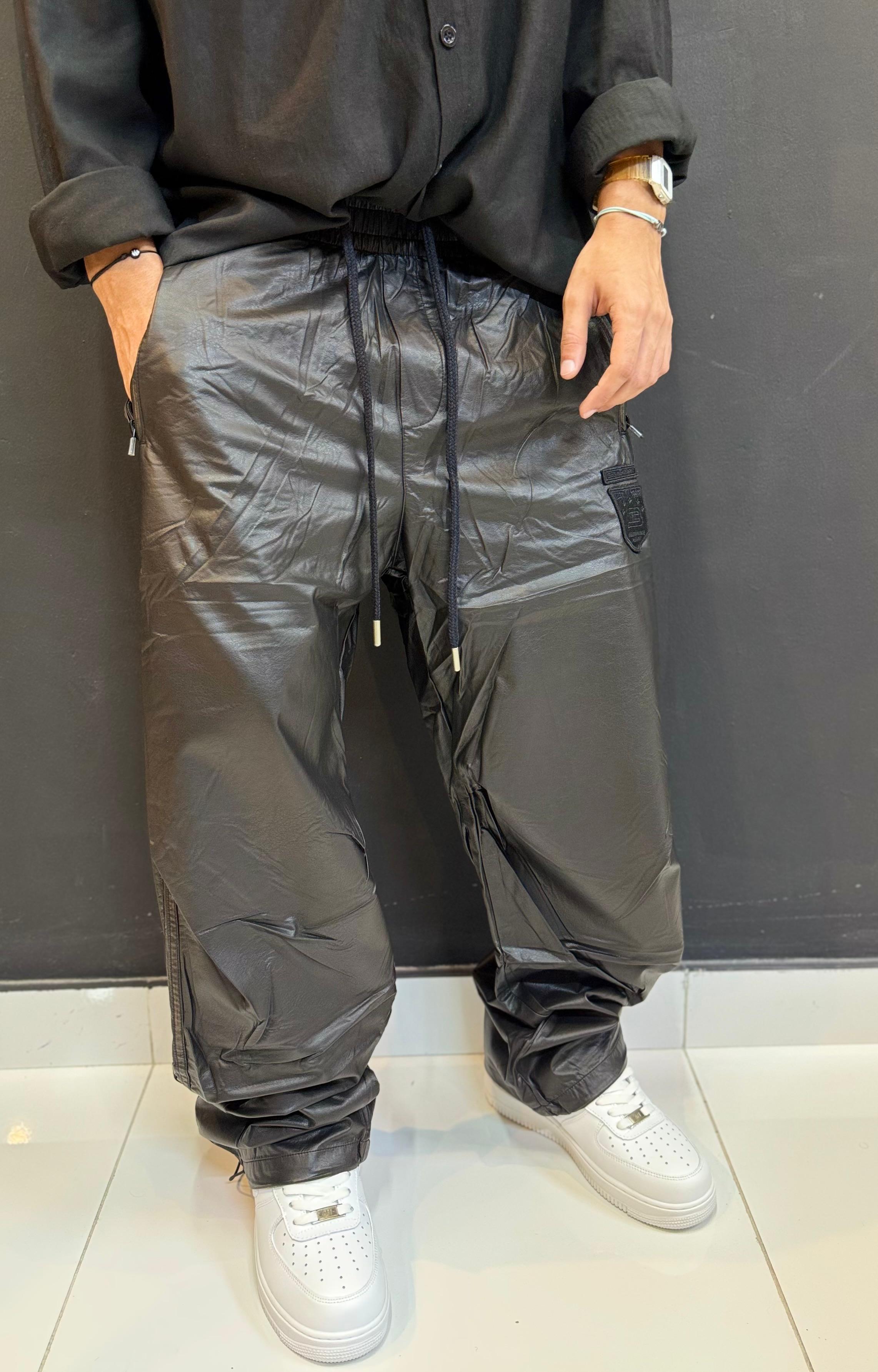 Black Glossy Nylon Track Pants