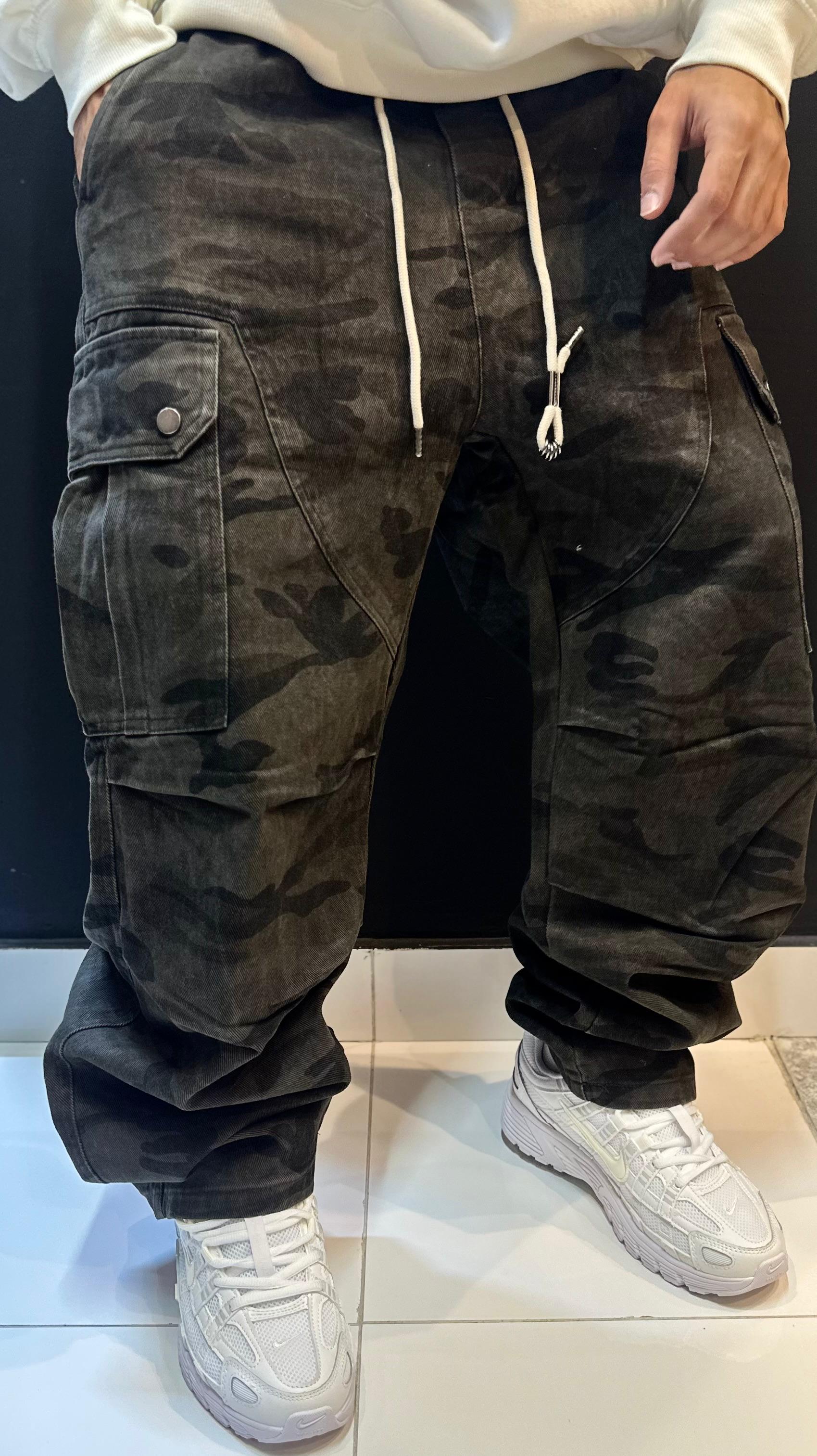 Washed Black Camo Baggy Cargo Pants