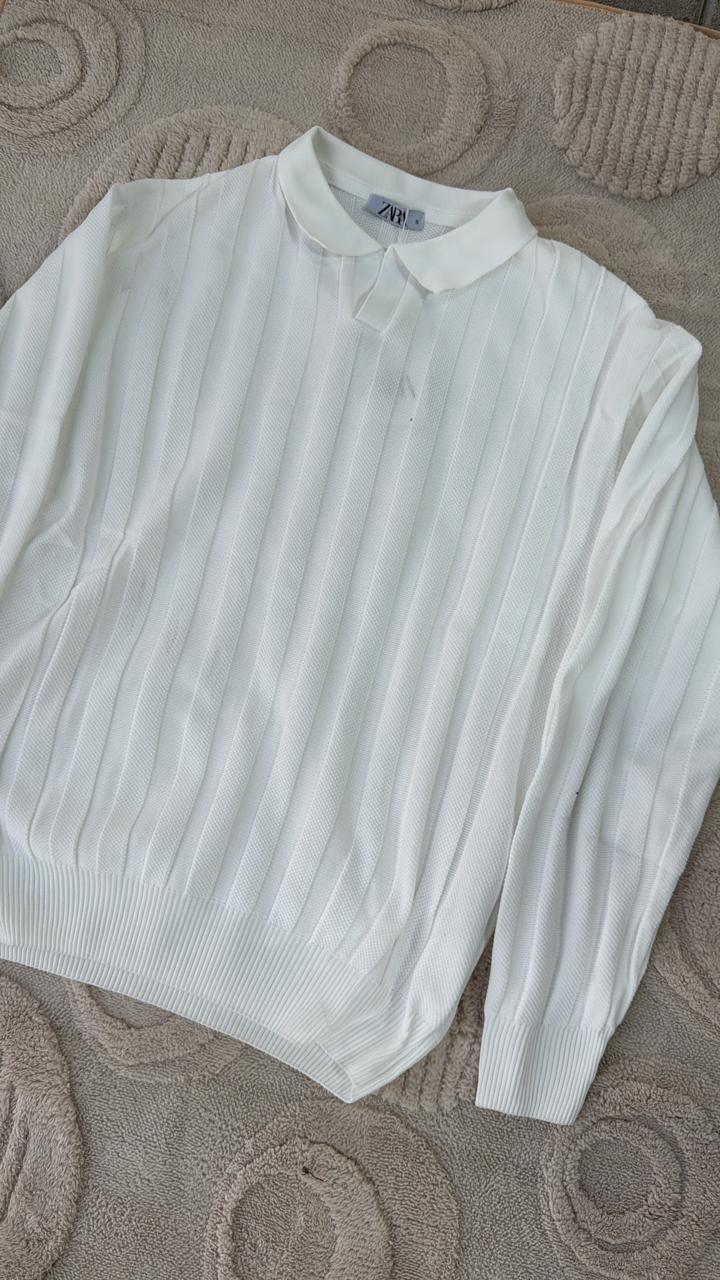 Zara White Ribbed Knit Popover Polo Sweater | Cream/Ecru Jumper