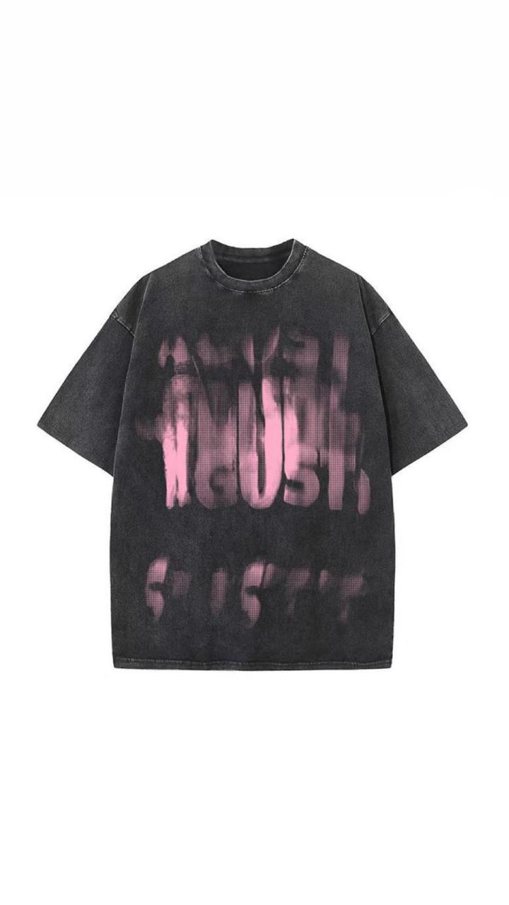 Washed Black T-Shirt with Distorted Pink Graphic