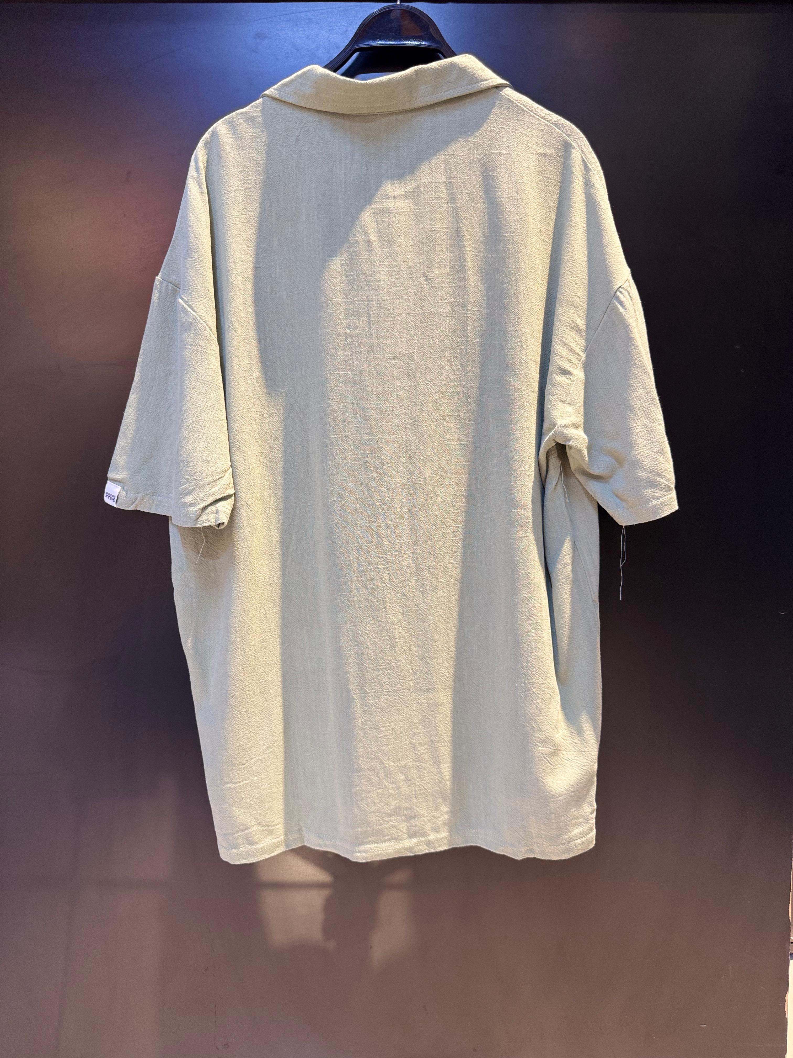 Sage Green Camp Collar Shirt with Black Floral Embroidery