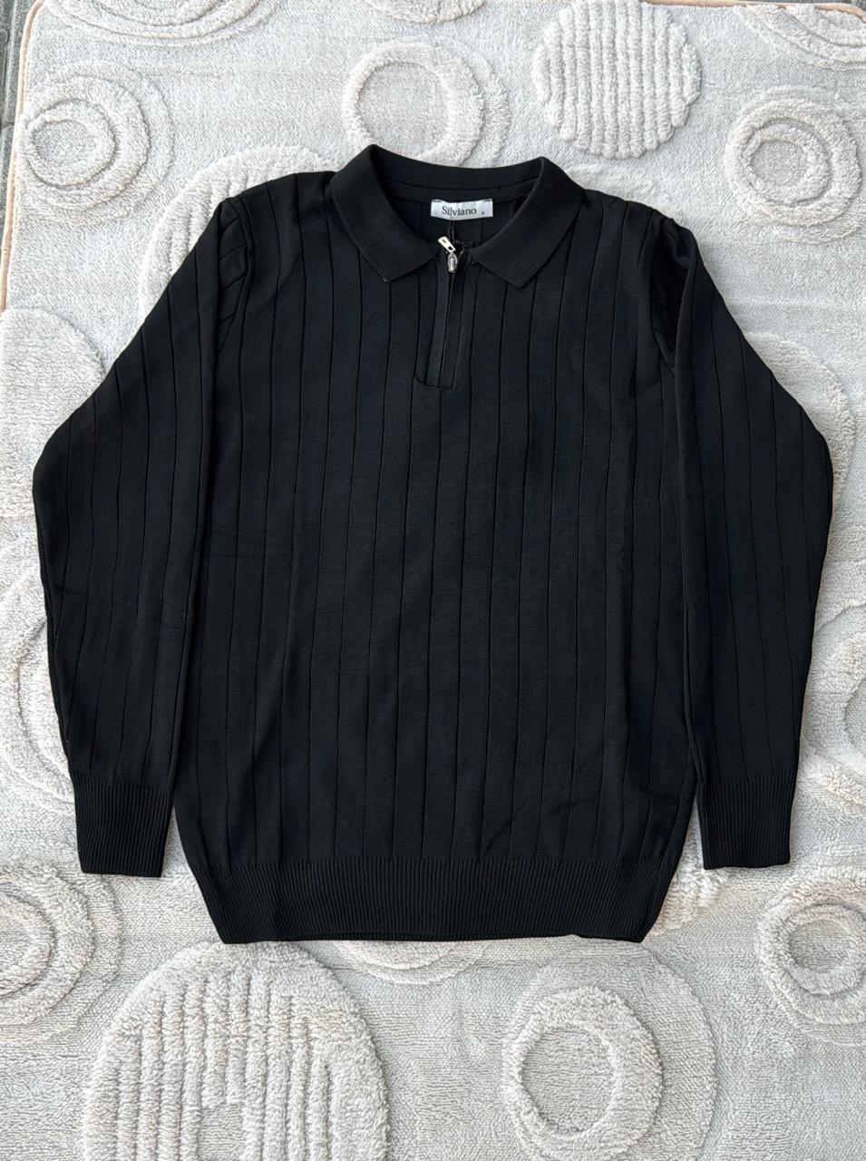 Sirylano Black Ribbed Knit Quarter-Zip Polo Sweater