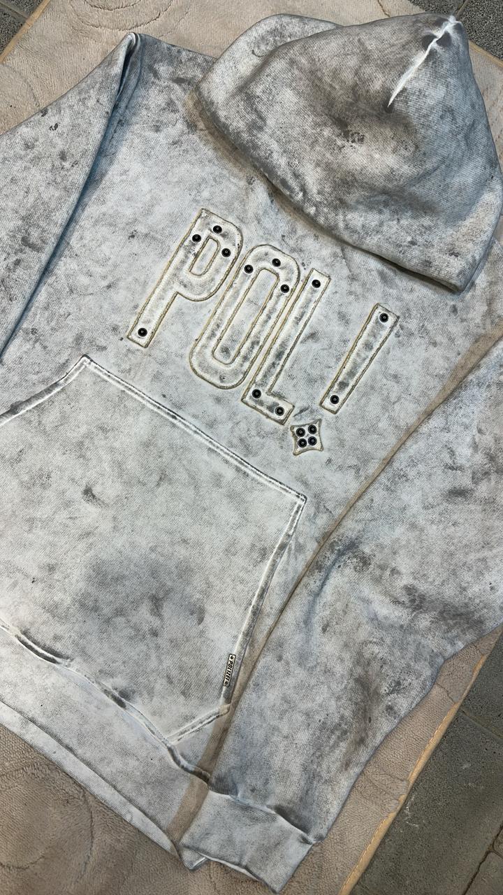 Vintage Wash "POLI" Studded Distressed Hoodie - Grey/White