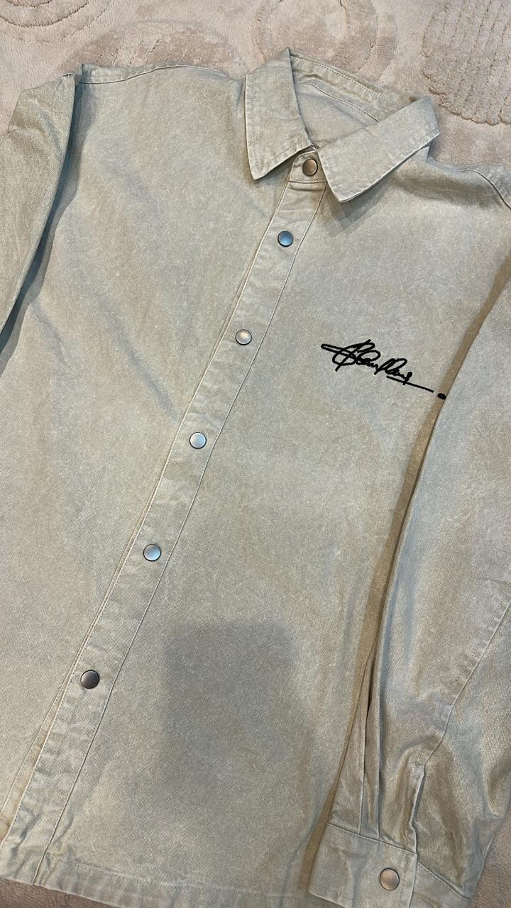 Khaki Washed Canvas Script Embroidered Shacket