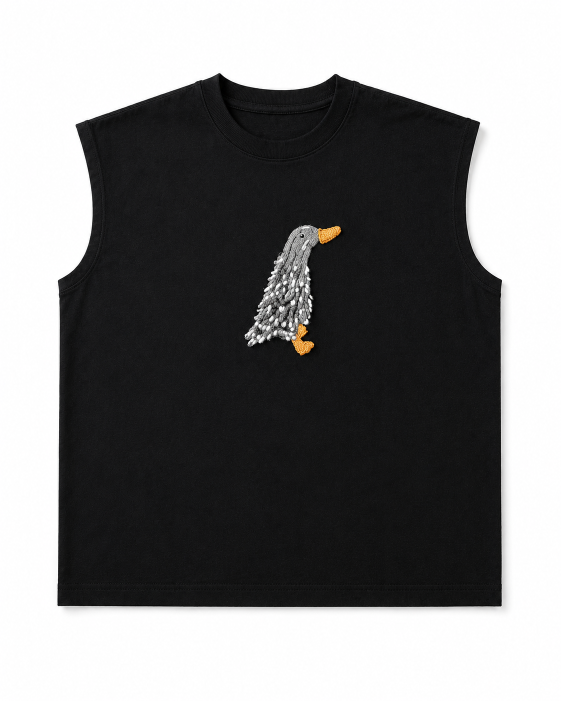 Black Sleeveless Duck Embroidered Muscle Tee