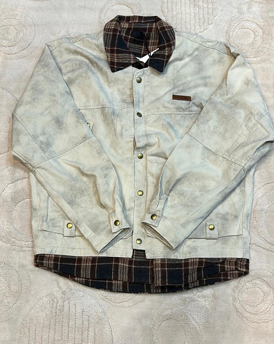 Distressed Canvas Jacket with Flannel Plaid Lining