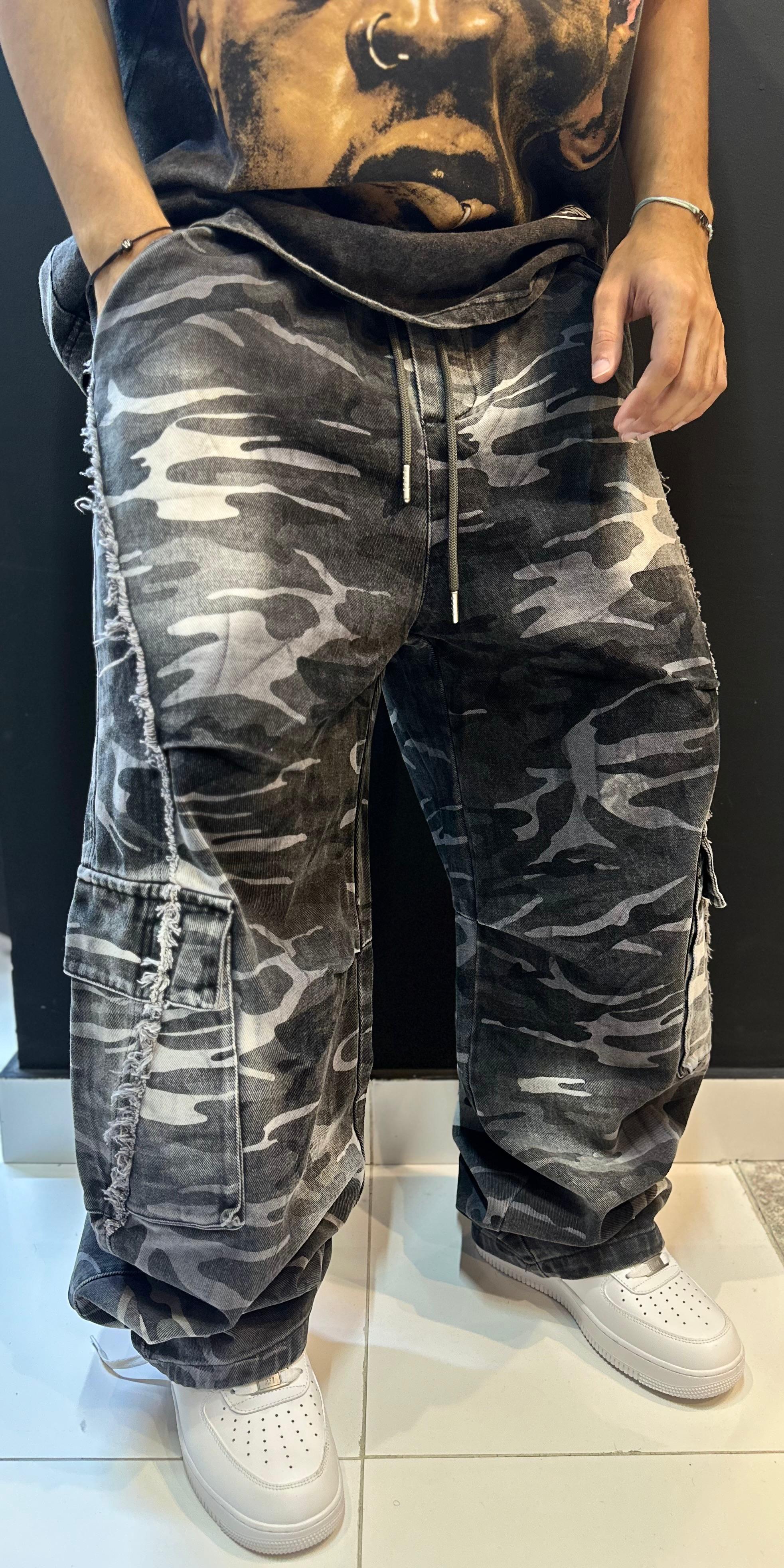 Baggy Grey Camo Cargo Pants with Raw Seams