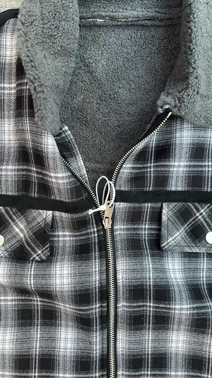 Black & White Plaid Flannel Jacket with Sherpa Collar & Stripe Detail | Streetwear Zip-Up