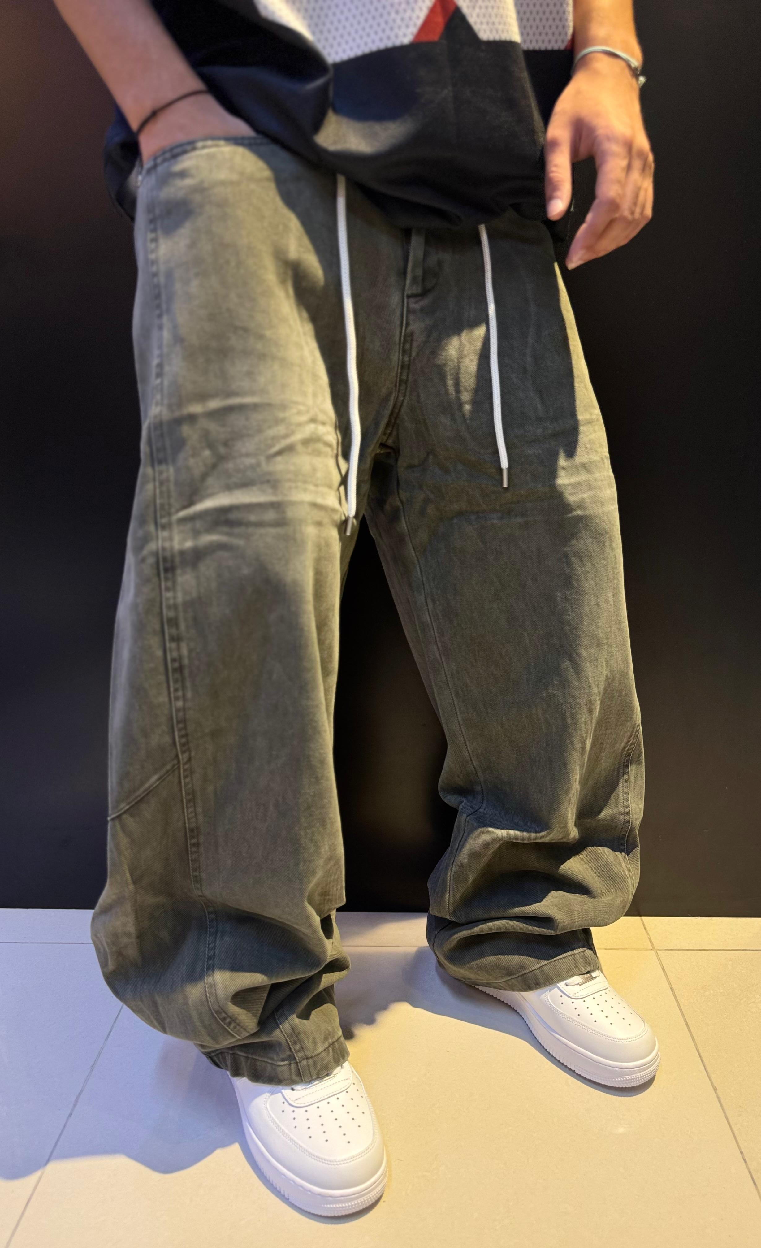 Oversized Drawstring Baggy Denim Cargo Pants - Faded Olive Green