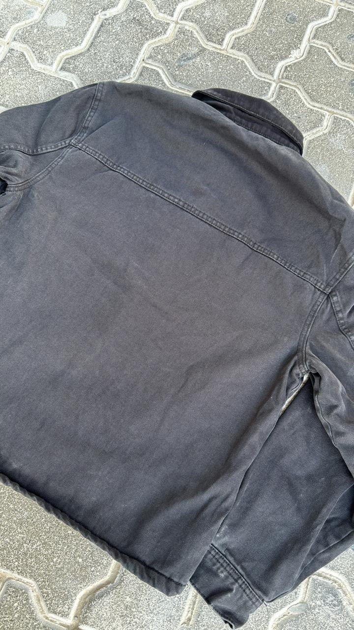 ZARA Vintage Faded Black Canvas Chore Jacket | Dark Corduroy Collar | Full Zip Workwear