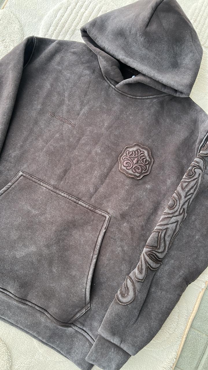 Brown POLI Vintage Dark Brown Washed Hoodie - Embossed Celtic/Knot Graphic Sleeve