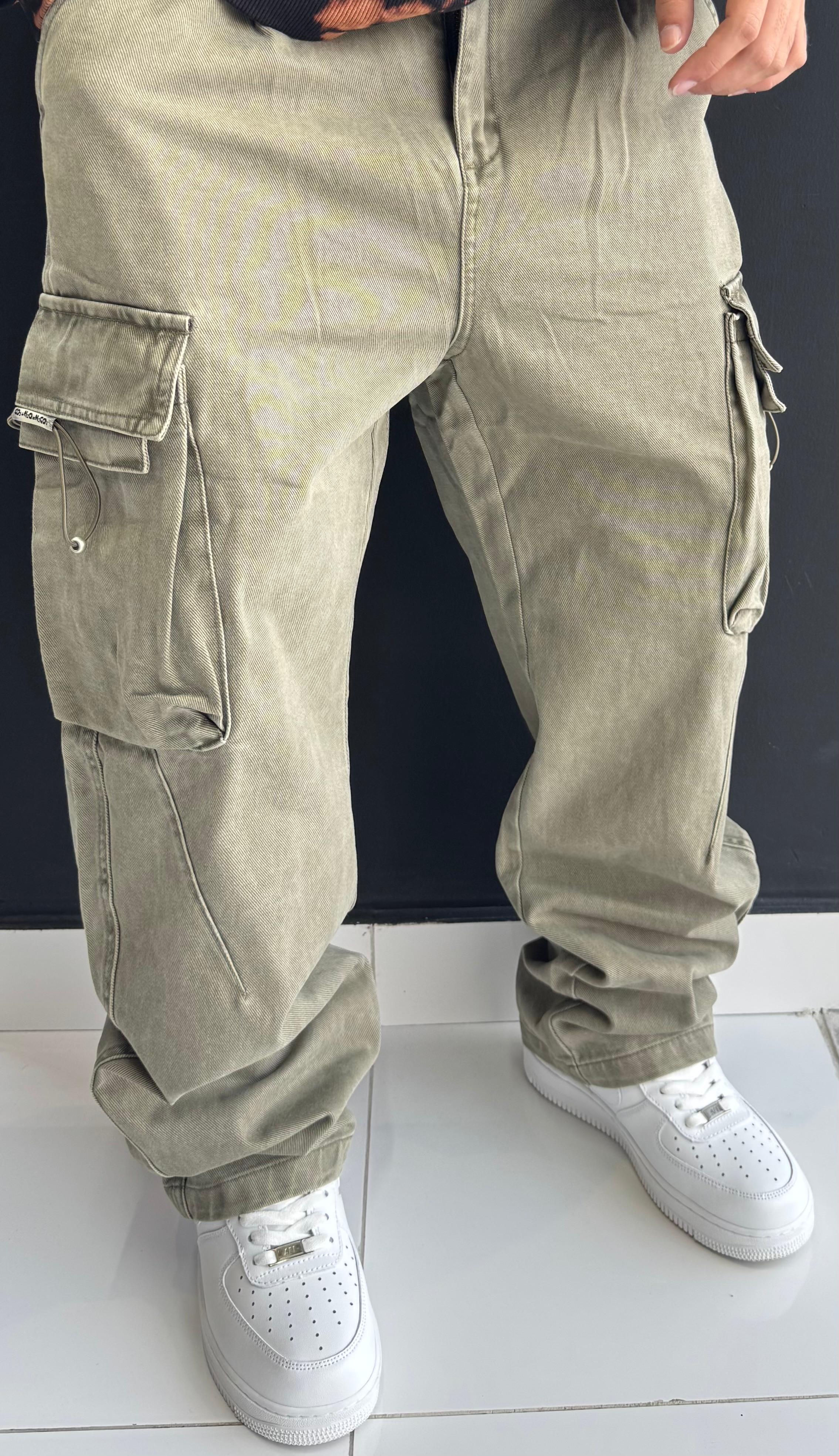 Vintage Corduroy-Style Baggy Cargo Pants - Olive Green