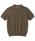 Premium Taupe Knit Zip Polo Shirt – Textured Short Sleeve Casual Sweater