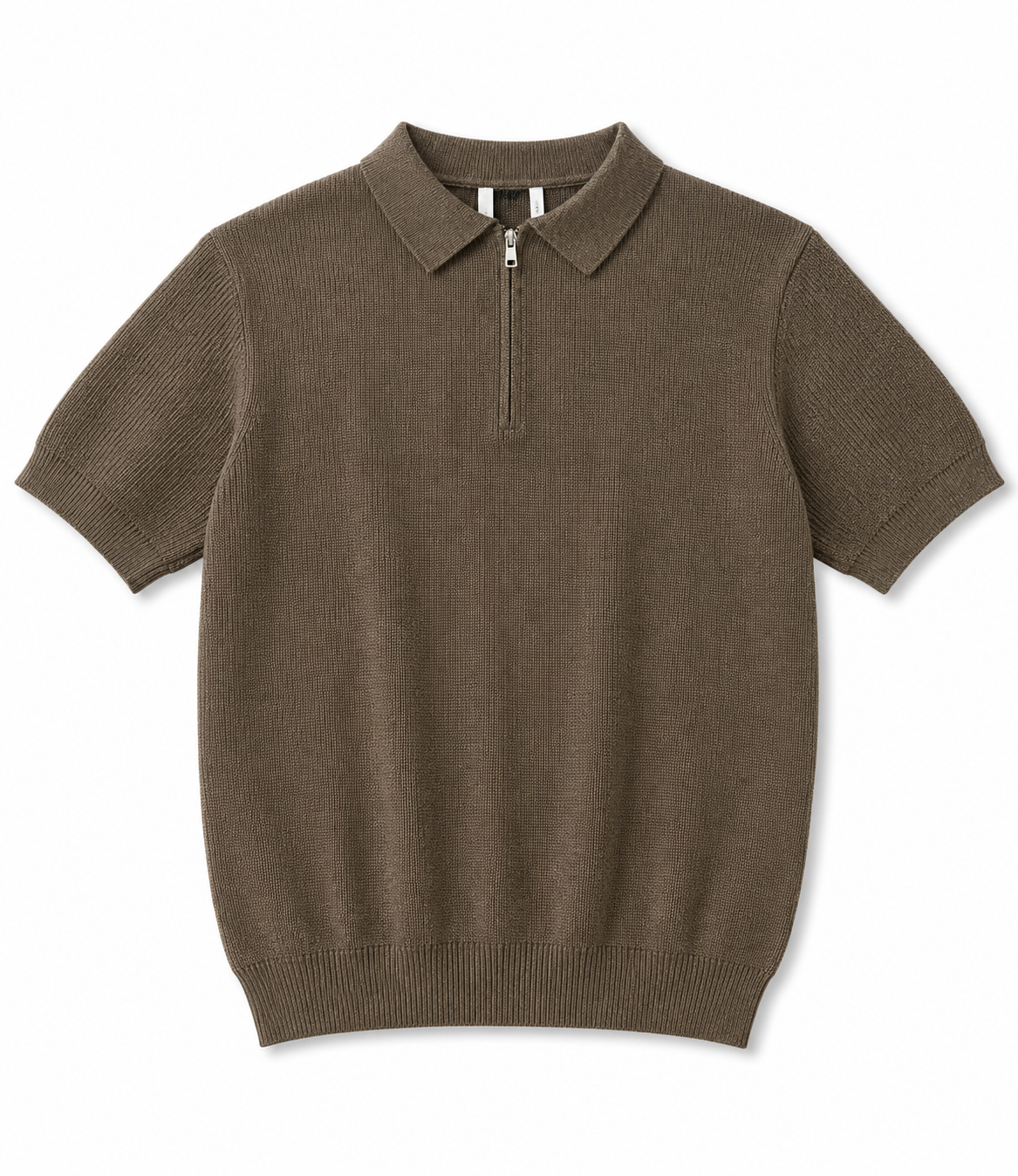 Premium Taupe Knit Zip Polo Shirt – Textured Short Sleeve Casual Sweater