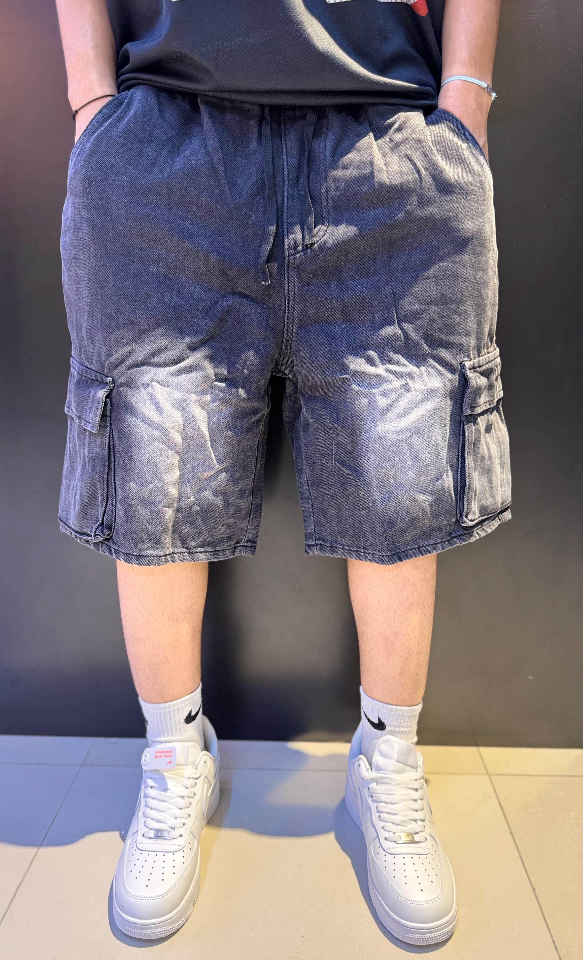 Washed Black Oversized Denim Cargo Shorts with Elastic Waist