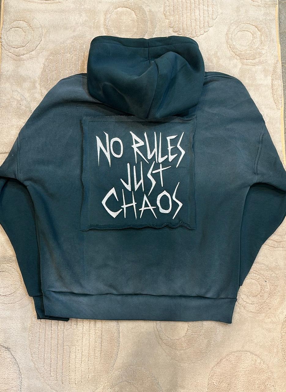 NO RULES JUST CHAOS Dark Teal/Black Ombré Fade Hoodie with "No Rules Just Chaos" Patch