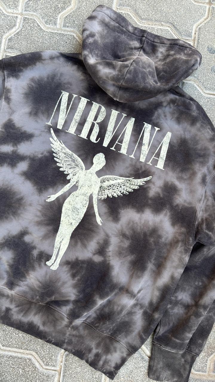 Nirvana Tie-Dye Hoodie | Charcoal & Grey Acid Wash Pullover | Grunge Band Merch Sweatshirt